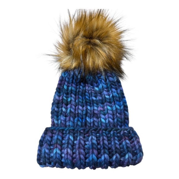 Hand knit blue varigated knit hat with faux fur pom main image 3